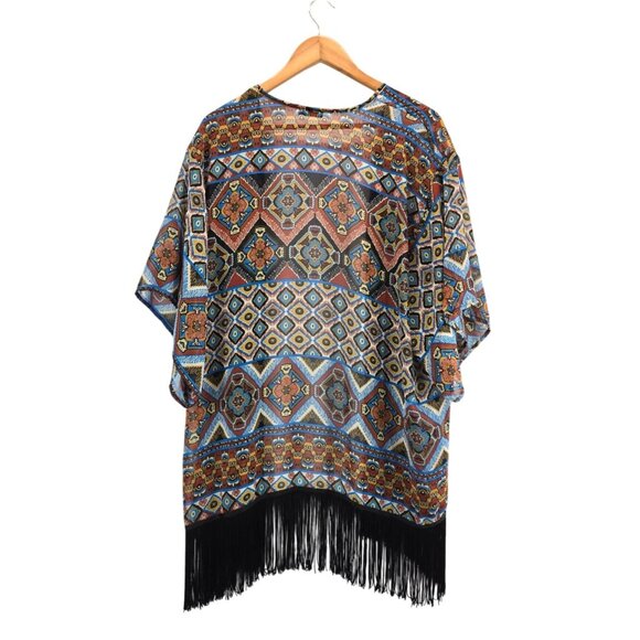 Kimono Boho Tribal Black Fringe Cardigan M by B_envied Wrap Gypsey Floral - Picture 6 of 13